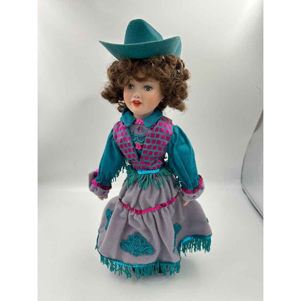 Vintage Porcelain Cowgirl Doll Teal Western Outfit Fringed Skirt with Stand